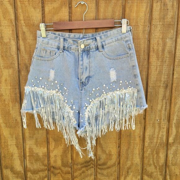 Shein Distressed Beaded Tassel Denim Cut Off Shorts Womens Size M - Picture 1 of 10